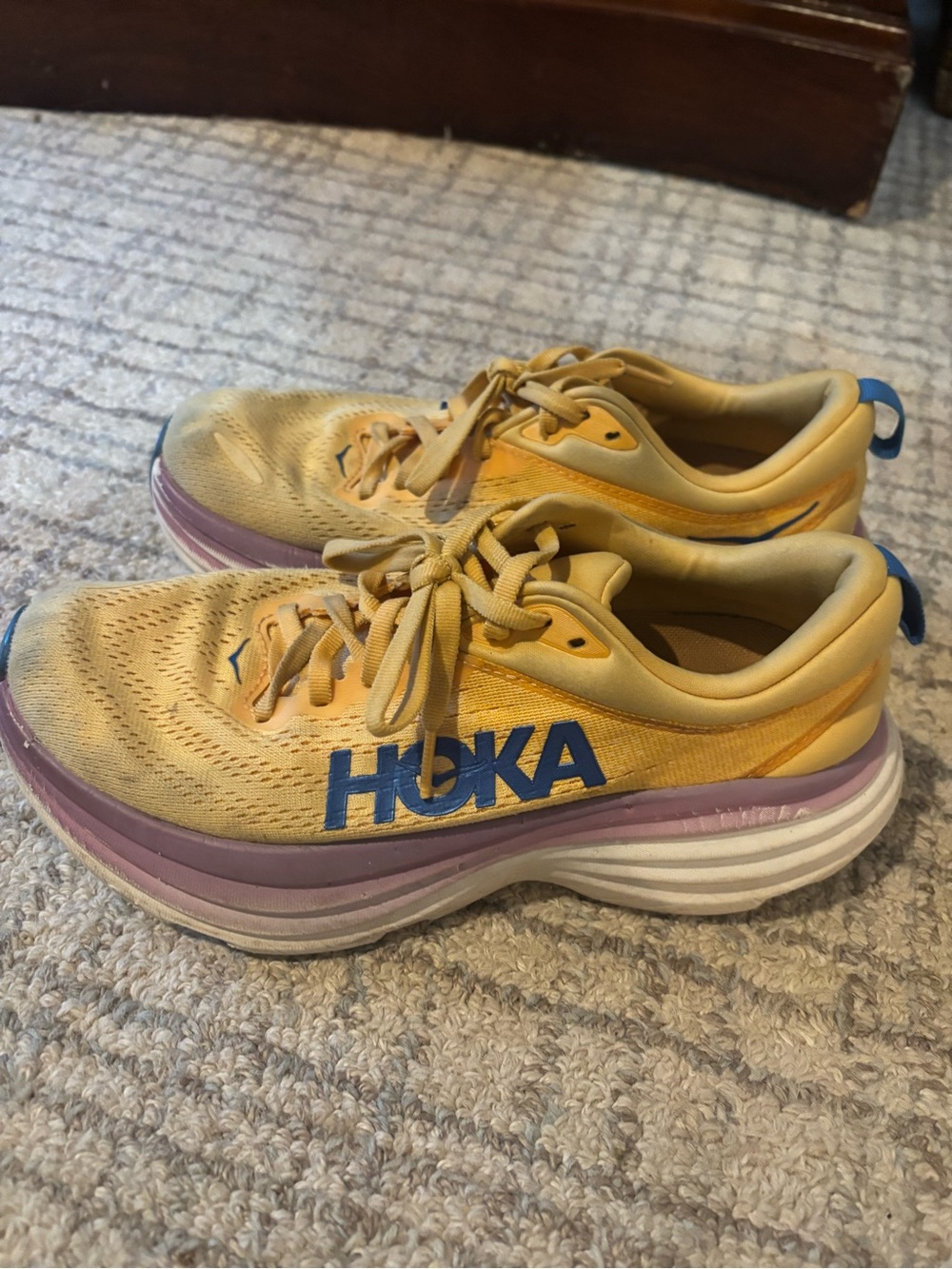 HOKA Women's Yellow Running Shoes with Blue Logo and Purple Midsole - Picture 3 of 5